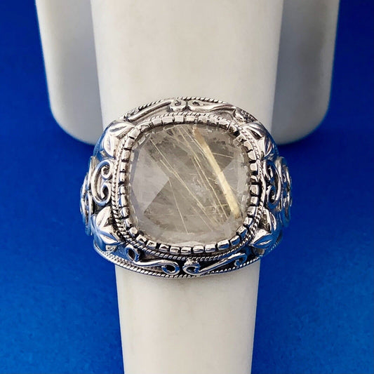 Lovely Sterling Silver 925 Floral Printed Reticulated Quartz Dome Ring Size 7