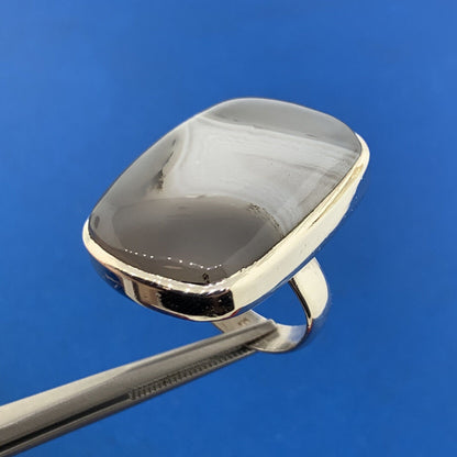 Retro 925 Sterling Silver Rectangle Banded Agate Statement Cocktail Ring
