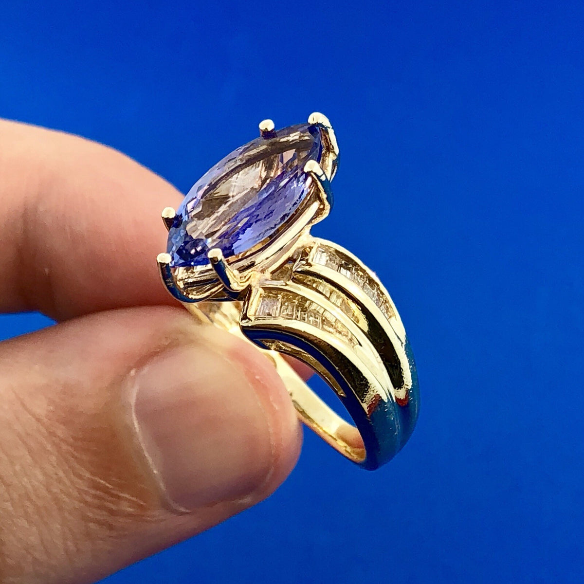 Designer 14K Yellow Gold Tanzanite Marquise Solitaire Diamond Accent Ring