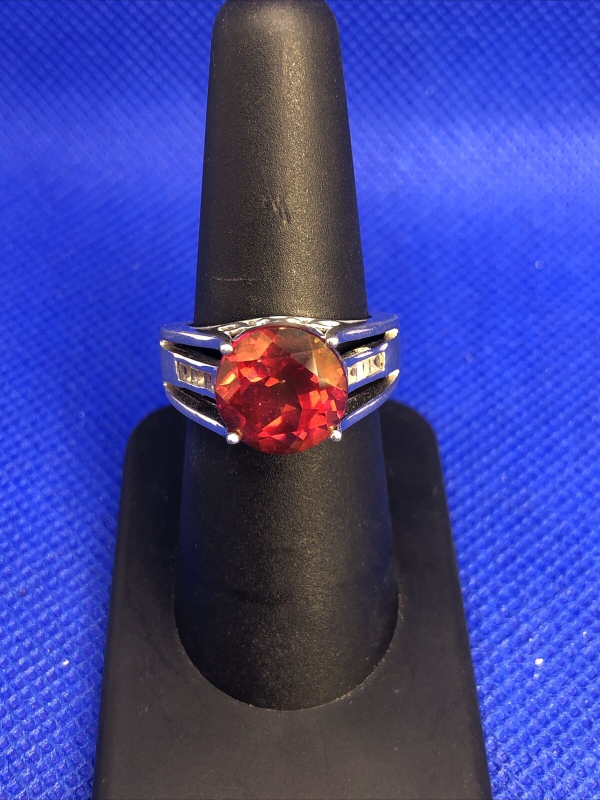 Designer BBJ 925 Sterling Silver Ruby Solitaire White Topaz Accent Cocktail Ring