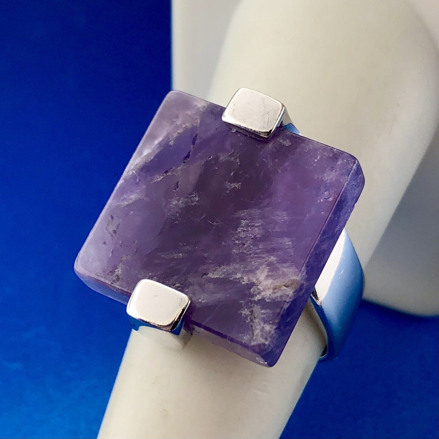 Stunning Sterling Silver 925 Square Cut Purple Amethyst Slab Ring Size 8.25