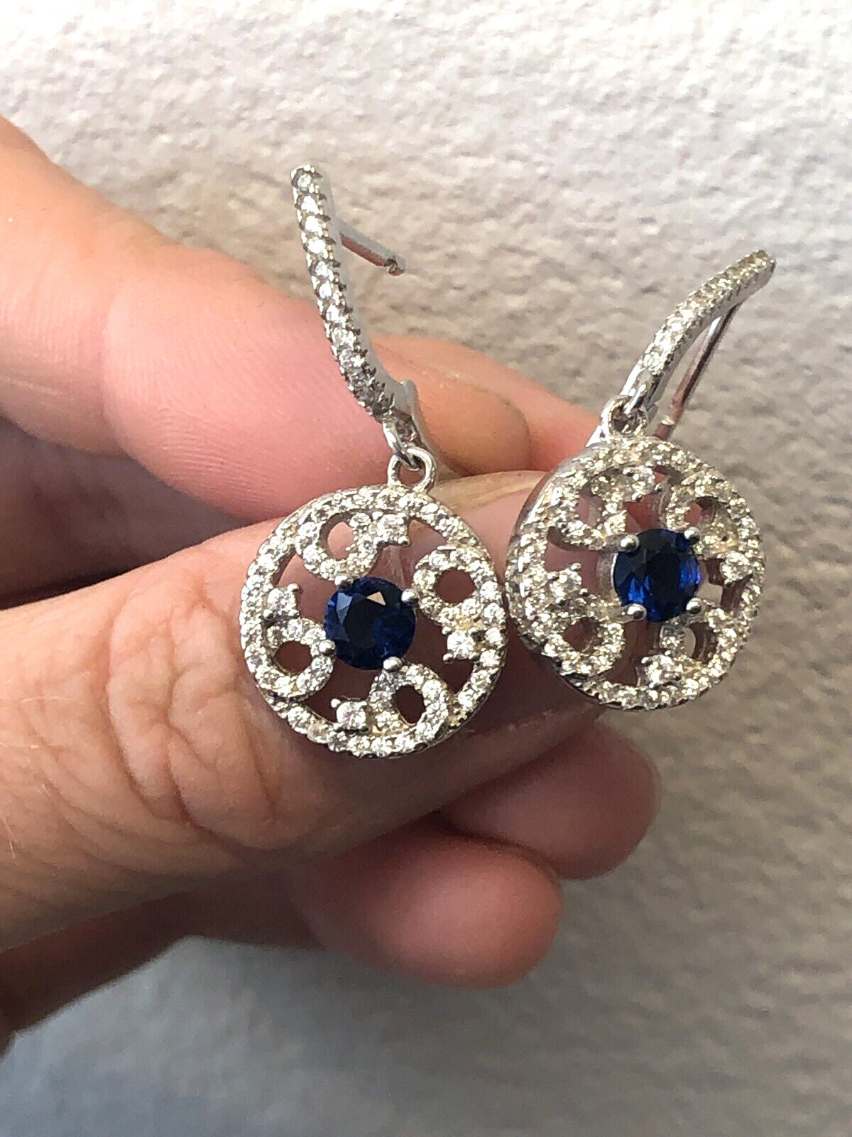 Elegant Sam & Co Sterling Silver 925 Blue Sapphire Diamond Drop Dangle Earrings