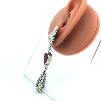 Designer CII Mexico 925 Sterling Silver Pear Ruby Floral Dangle Stud Earrings
