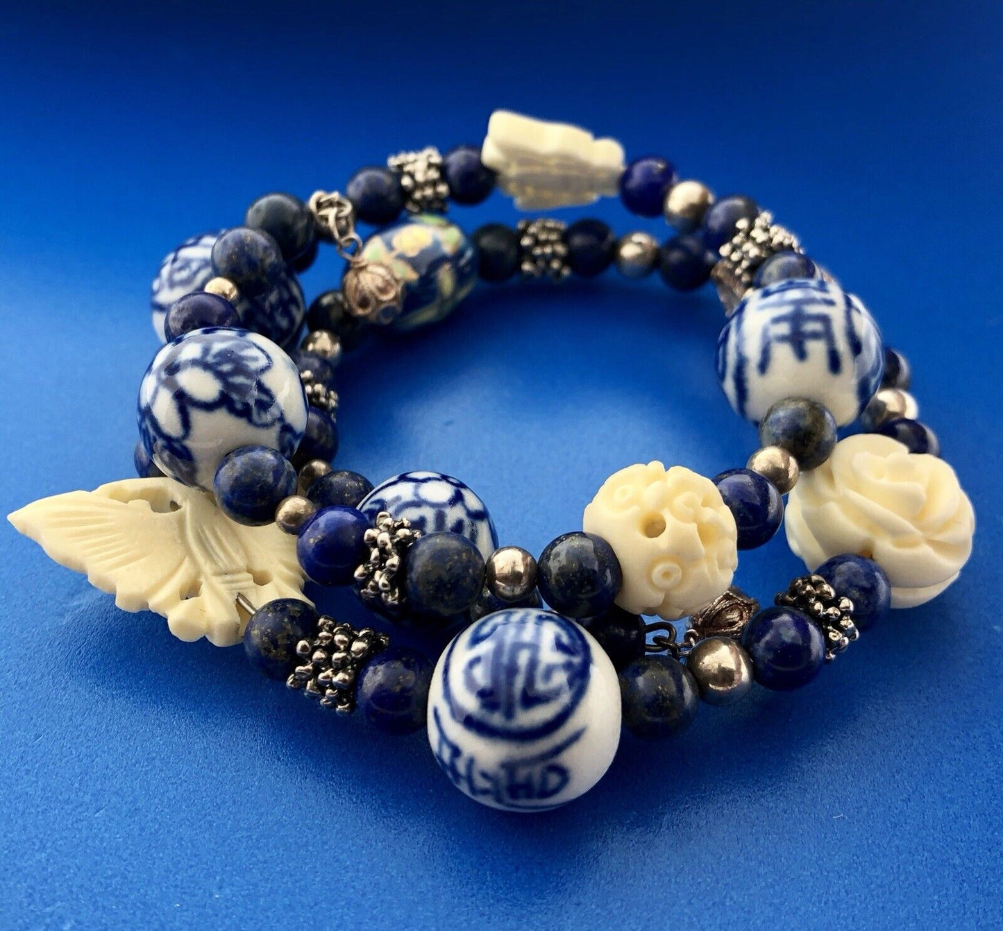 Sterling Silver 925 Lapis Ceramic Carved Cloisonne Bead Three Wrap Bracelet