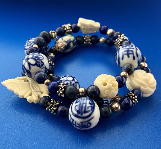 Sterling Silver 925 Lapis Ceramic Carved Cloisonne Bead Three Wrap Bracelet