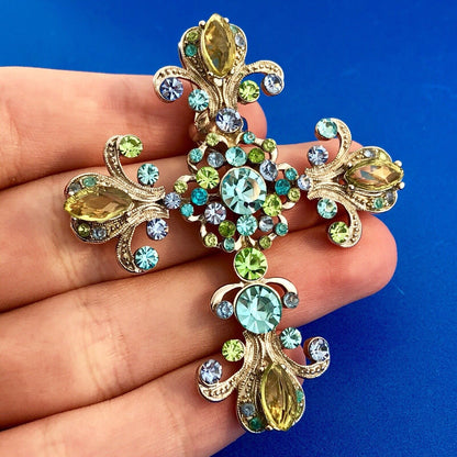 Silver Tone Grn Blue Aqua Crystal Fleur De Lis Cross Statement Enhancer Pendant