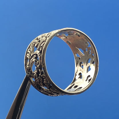 Sterling Silver 925 Abstract Floral Filigree Openwork Cigar Band Ring Size 8.25