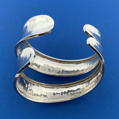 Modernist Artisan Sterling Silver Hammered Wave Double Cuff Statement Bracelet