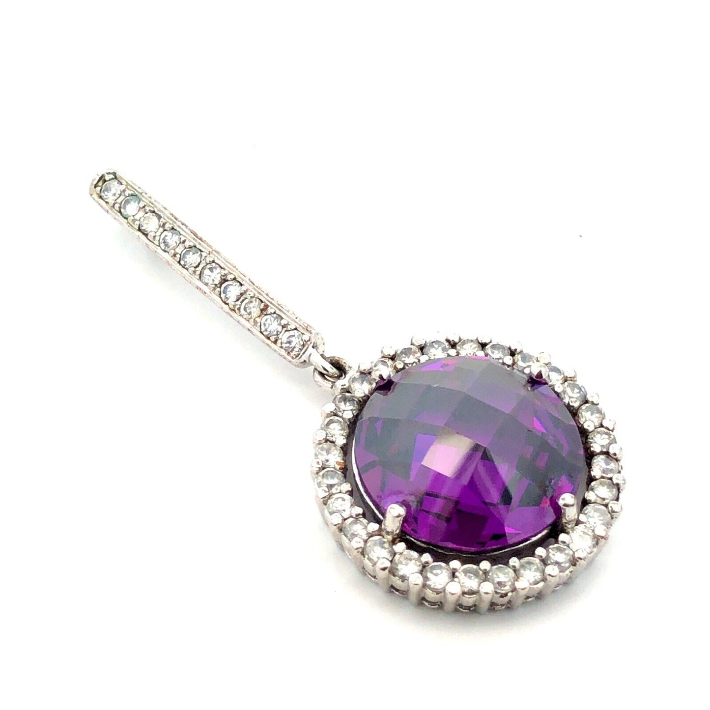 Designer 925 Sterling Silver Purple Cushion Cut CZ Round White CZ Halo Pendant