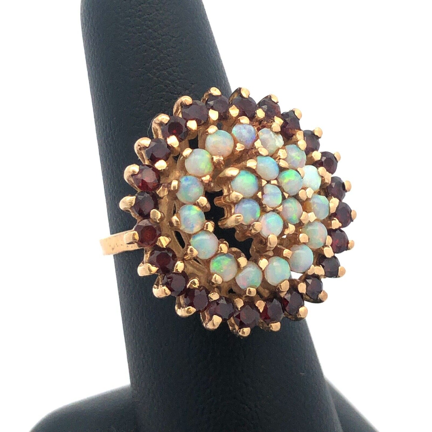 Lovely 14k Yellow Gold White Opal Garnet Floral Circle Cluster Dome Ring Size 7