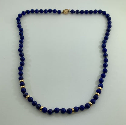 Designer 14K Yellow Gold Hand Knotted Lapis Lazuli Beaded Necklace