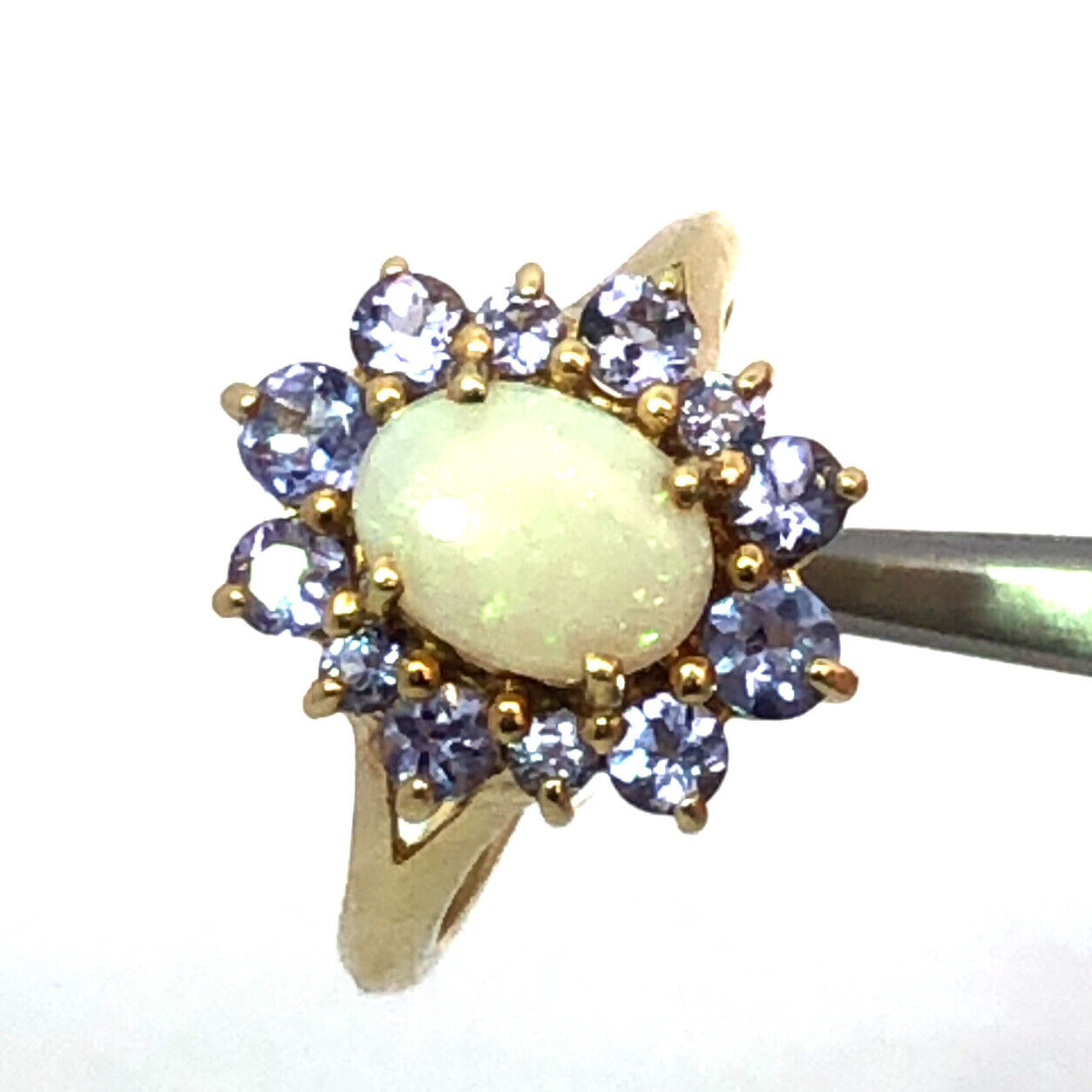 Designer 14K Yellow Gold Oval Opal Tanzanite Halo Statement Cocktail Ring