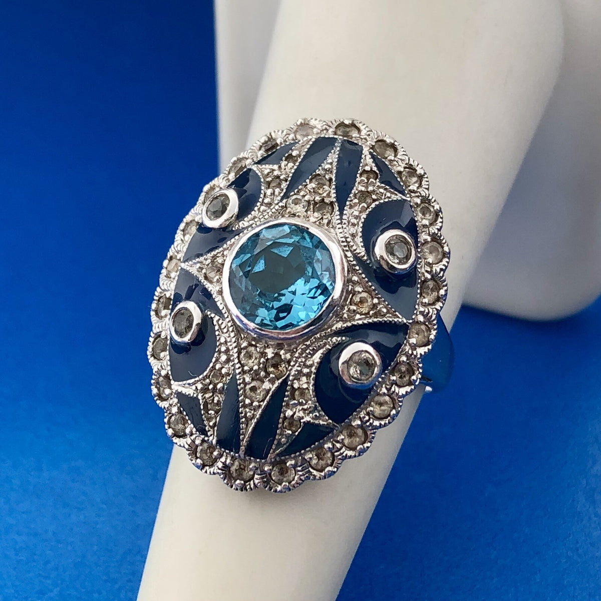 Designer Pd 925 Sterling Silver Blue Topaz White Amethyst Enamel Statement Ring