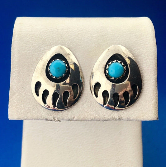 Native American Artisan DF 925 Sterling Silver Turquoise Bear Paw Claw Earrings