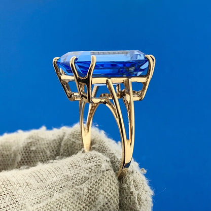 Fabulous 14K Yellow Gold Emerald Cut Lab Blue Spinel Solitaire Statement Ring