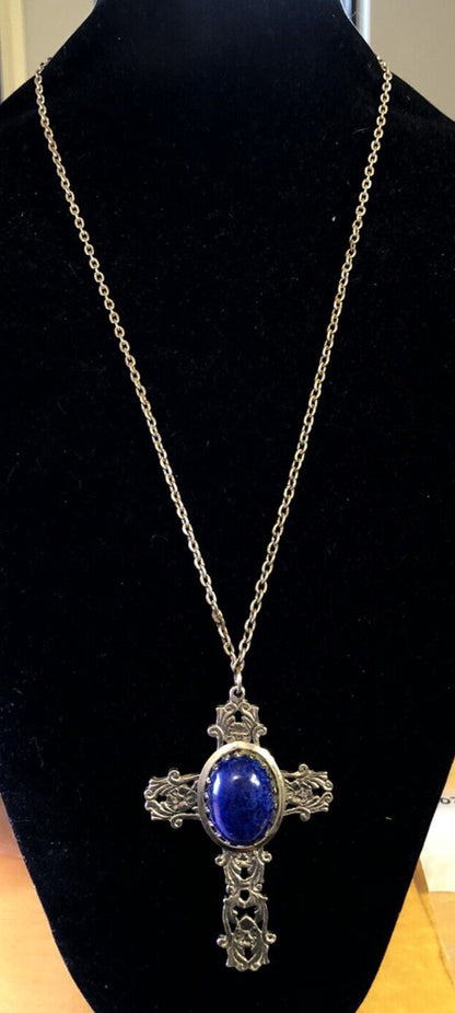 Vintage Silver Tone Lapis Lazuli Floral Scroll Dramatic Statement Cross Necklace
