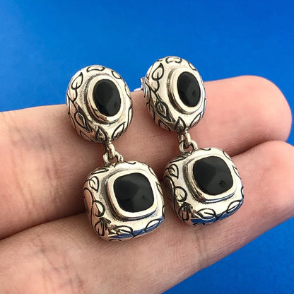 Vintage 925 Sterling Silver Black Onyx Leaf Scroll Balinese Drop Dangle Earrings