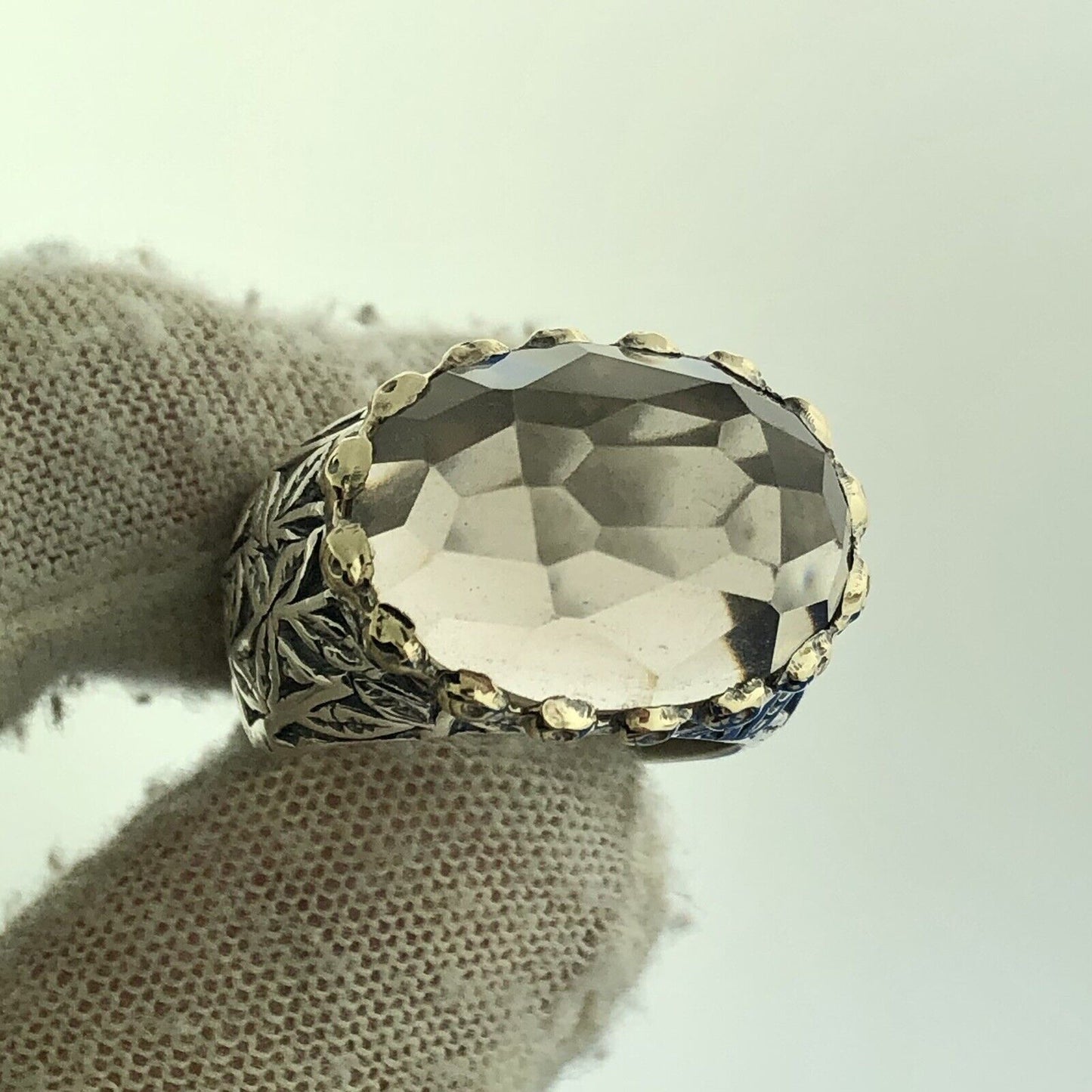 Retro 925 Sterling Silver 14K Two Toned Floral Engraved Smoky Quartz Dome Ring