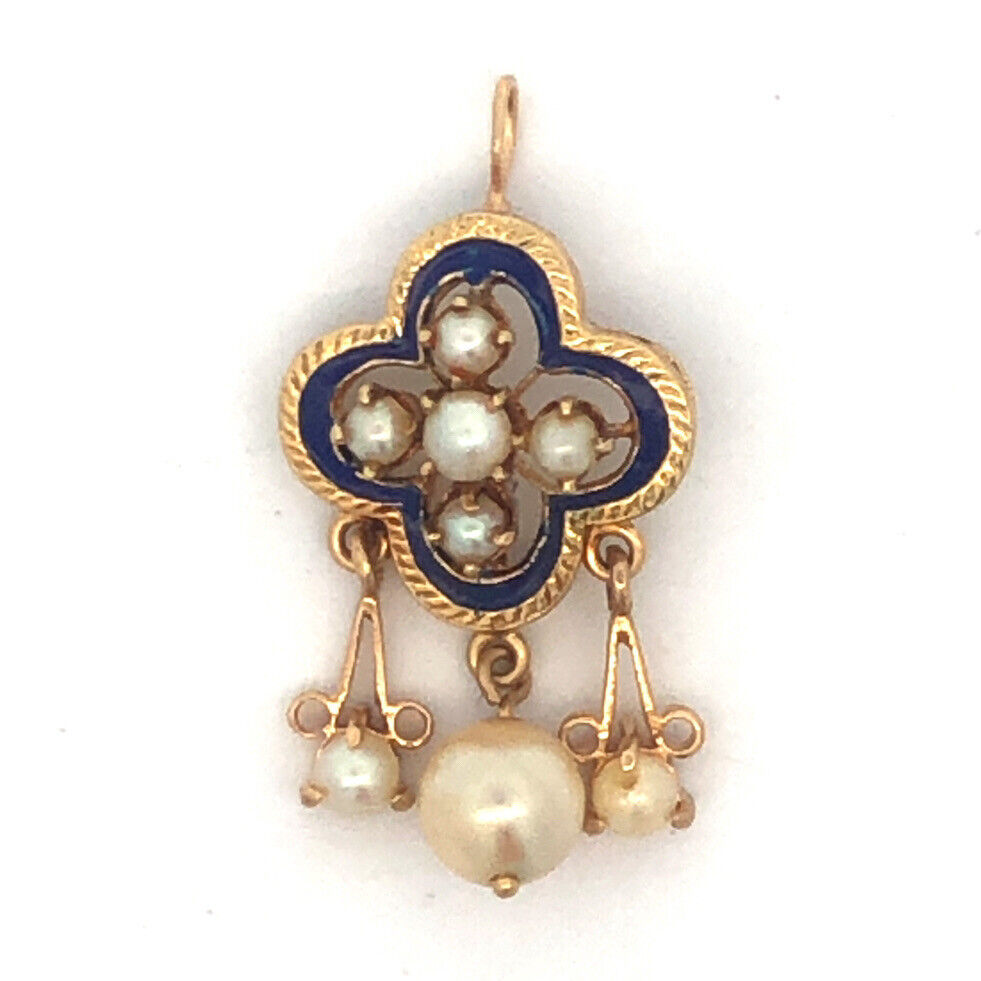 Estate 14K Yellow Gold Round Pearl Blue Enamel Drop Dangle Pendant