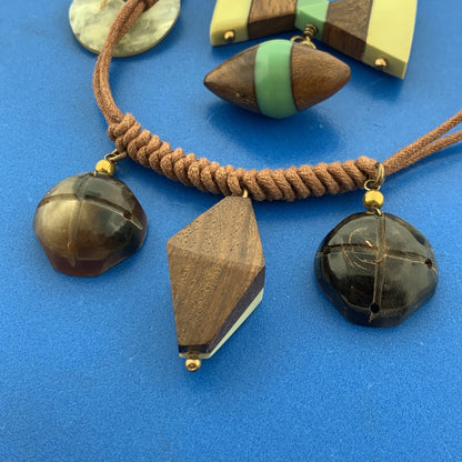 Mid Century Gold Tone Modern Wooden Bakelite Beaded Corded 2 Strand Necklace