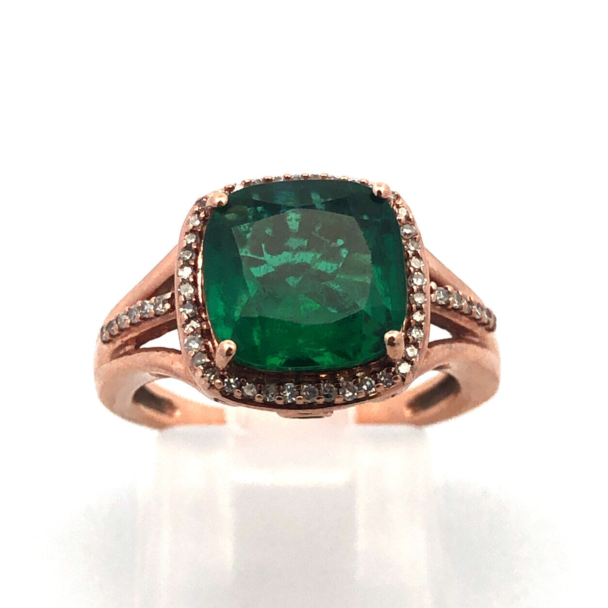 14K Rose Gold Princess Cut Emerald Pave Diamond Halo Cocktail Ring