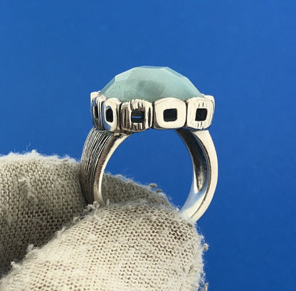 Designer RE Sterling Silver 925 Faceted Blue Aventurine Dome Cocktail Ring