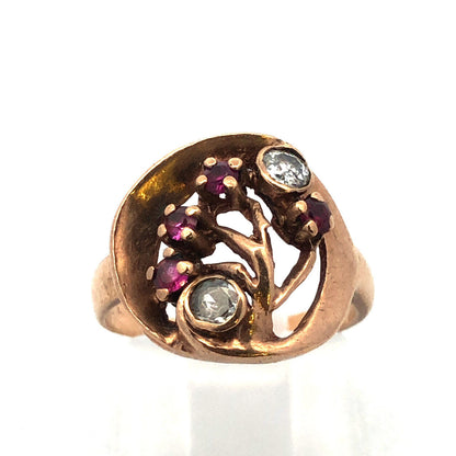 Vintage 14K Yellow Gold Diamond Ruby Free Form Cocktail Ring