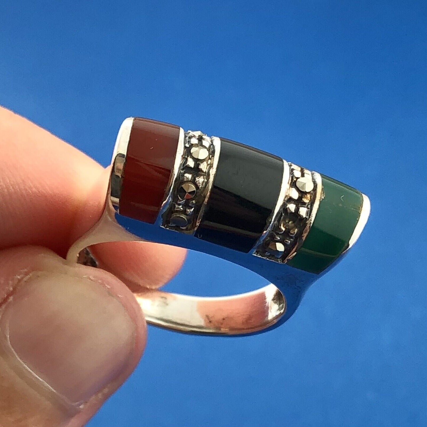 Retro Designer ND 925 Sterling Silver Green Black Onyx Carnelian Marcasite Ring