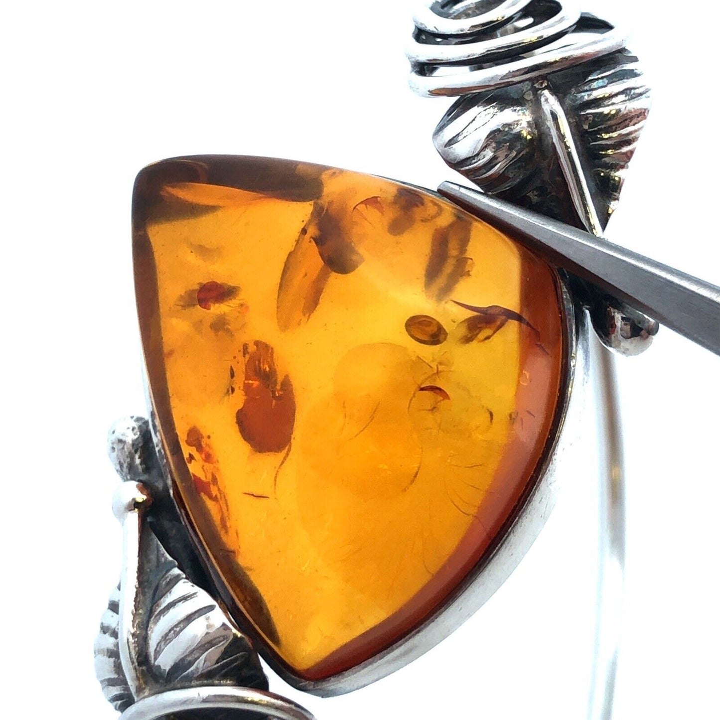 Vintage 925 Sterling Silver Trillion Amber Cabochon Hinged Vine Cuff Bracelet