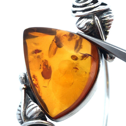 Vintage 925 Sterling Silver Trillion Amber Cabochon Hinged Vine Cuff Bracelet