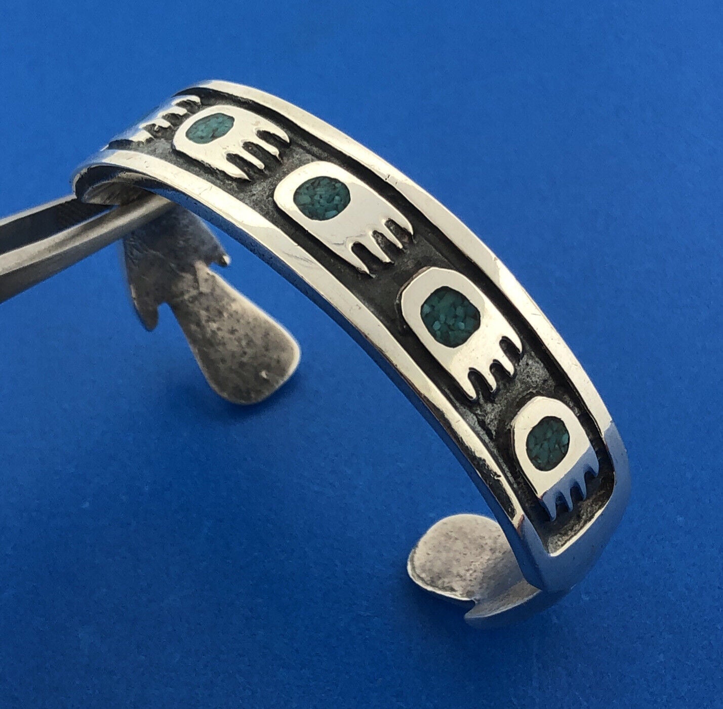 Old Pawn Native American 925 Sterling Silver Turquoise Inlay Bear Claw Bracelet