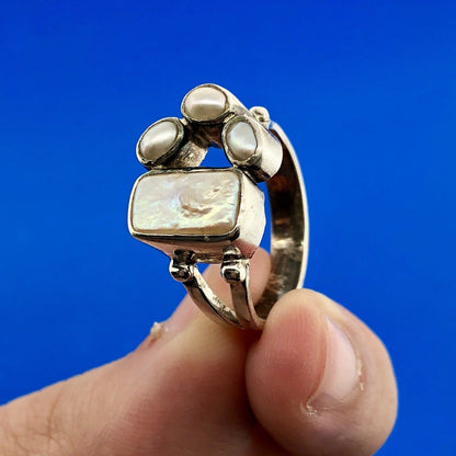 Sterling Silver 925 Freshwater Pearl Mother Of Pearl Cabochon Free Form Ring