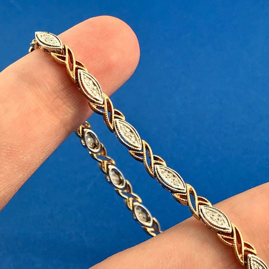 Traditional Designer 14K Yellow White Gold Diamond Two Toned X O Tennis Bracelet