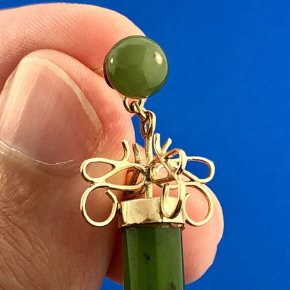 Vintage 14k Yellow Gold Jade Jadeite Modernist Drop Dangle Earrings