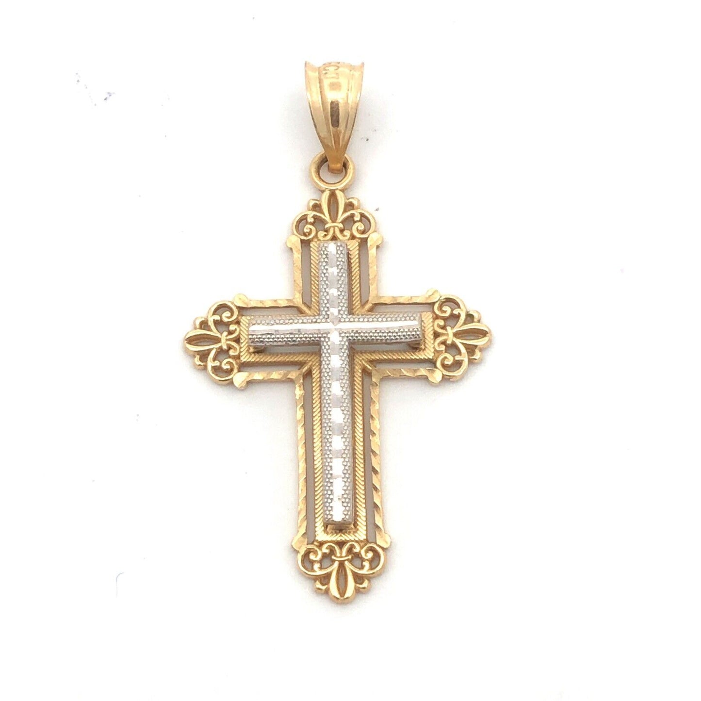 Designer CJ 14K Yellow White Gold Two Tone Filigree Textured Cross Pendant