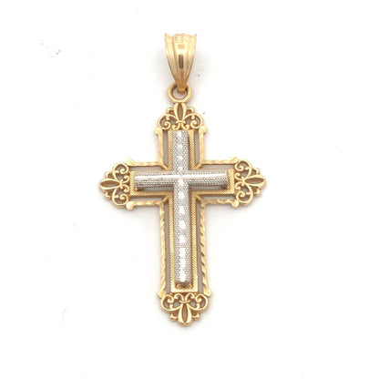 Designer CJ 14K Yellow White Gold Two Tone Filigree Textured Cross Pendant