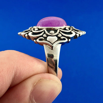 Vintage FAS Sterling Silver 925 Pink Tourmaline Cabochon Scroll Fashion Ring