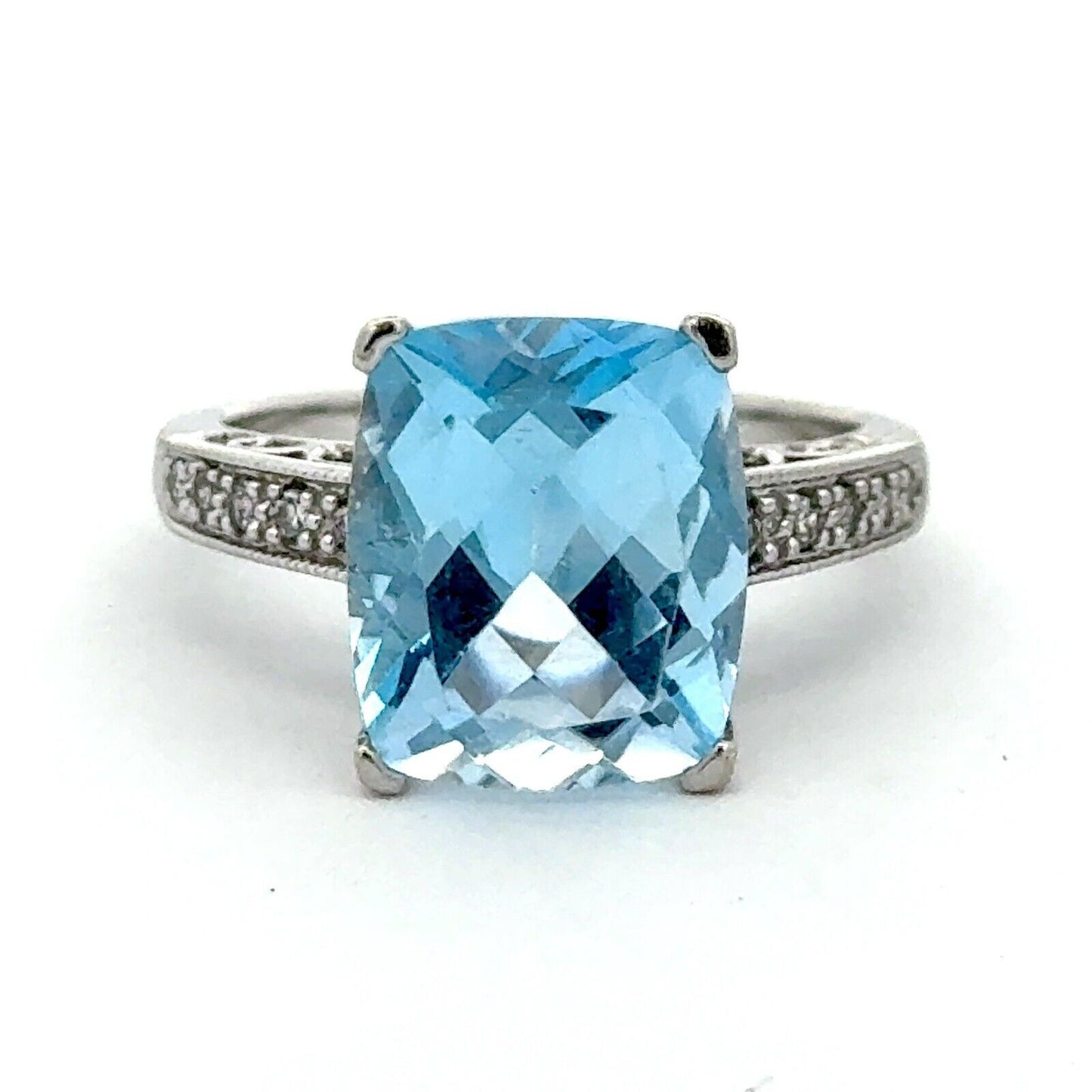 Designer 14K White Gold Radiant Cushion Cut Blue Topaz Diamond Accented Ring