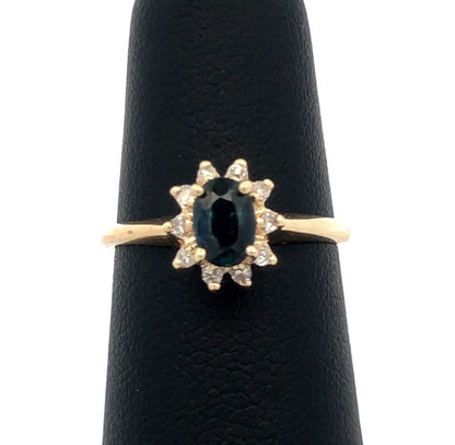 Estate 14K Yellow Gold London Blue Topaz Diamond Halo Cocktail Anniversary Ring