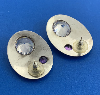 Estate 925 Sterling Silver White Amethyst Purple Sapphire Oval Stud Earrings