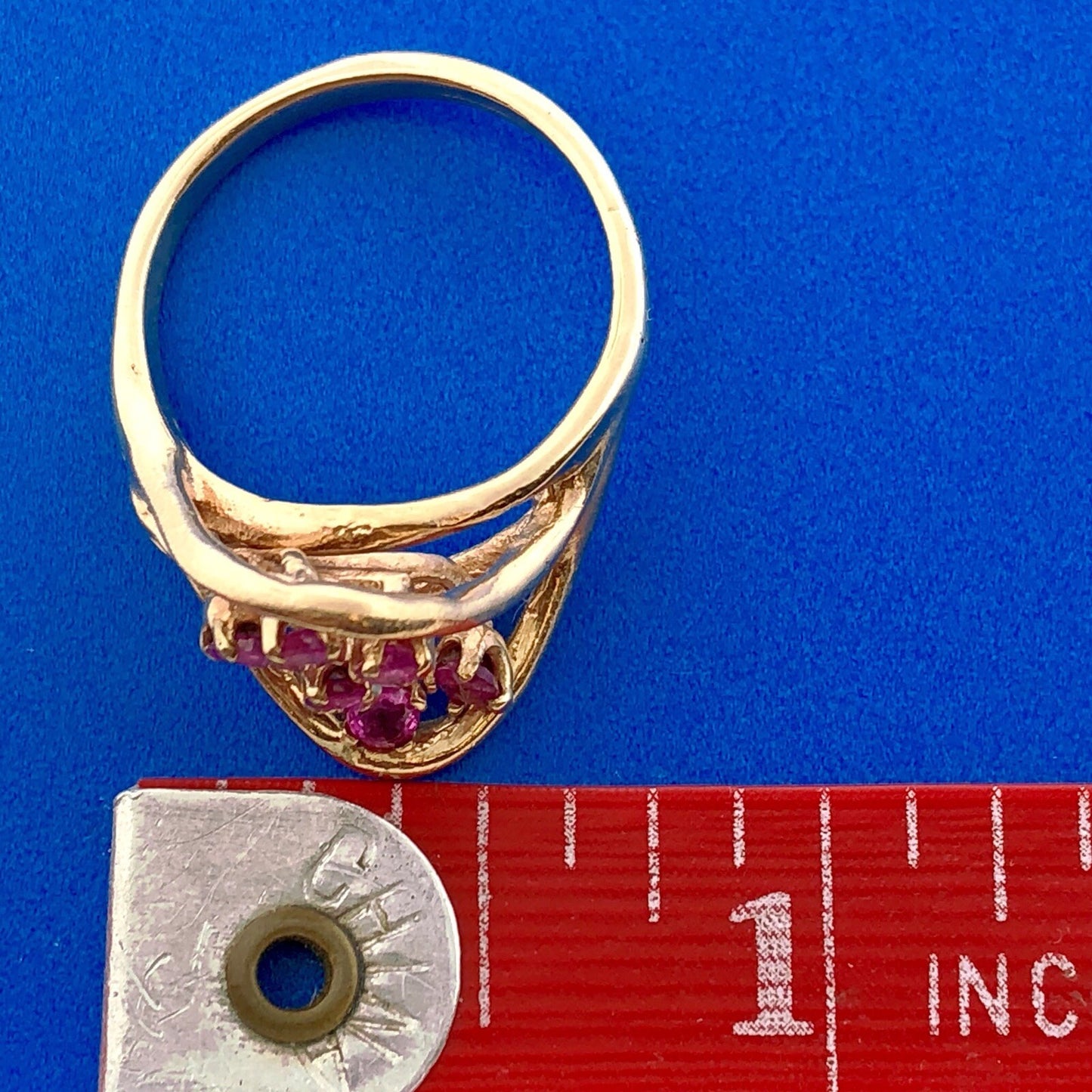 14K Yellow Gold Ruby Cluster Free Form Modernist July Birthday Cocktail Ring