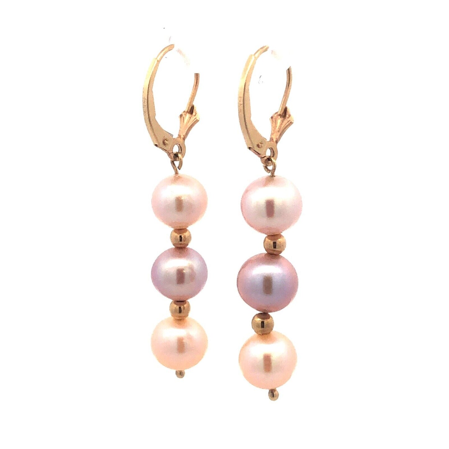 Designer 14K Yellow Gold Round Pink Pearl Beaded Dangle Earrings