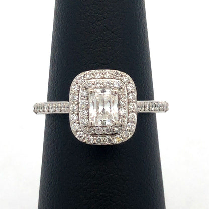 14K White Gold Brilliant Emerald Cut Diamond Double Halo Engagement Ring
