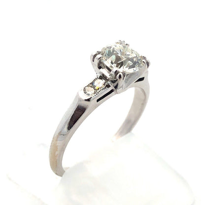 Vintage 14K White Gold Round Diamond Solitaire W/Accents Engagement Ring