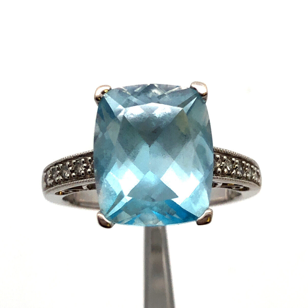 Designer 14K White Gold Radiant Cushion Cut Blue Topaz Diamond Accented Ring