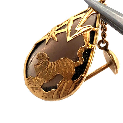 Estate 14K Yellow Gold Teardrop Smokey Quartz Etched Tiger Dangle Stud Earrings