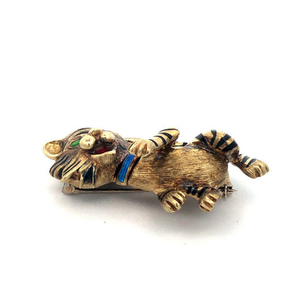 Vintage Martine 14k Yellow Gold Enamel Tiger Cat Brooch Pin Pendant
