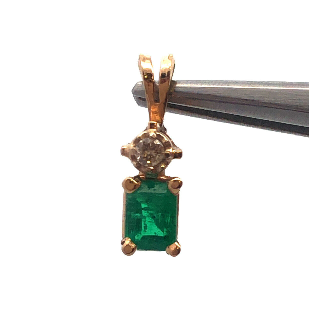 Estate 14K Yellow Gold Emerald Cut Emerald Round Diamond Charm Pendant