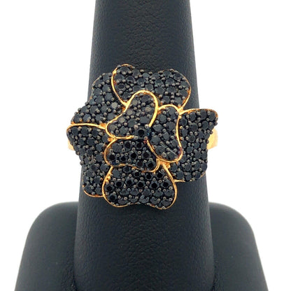 Designer TGGC Sterling Silver Gold Vermeil Black Spinel Flower Statement Ring