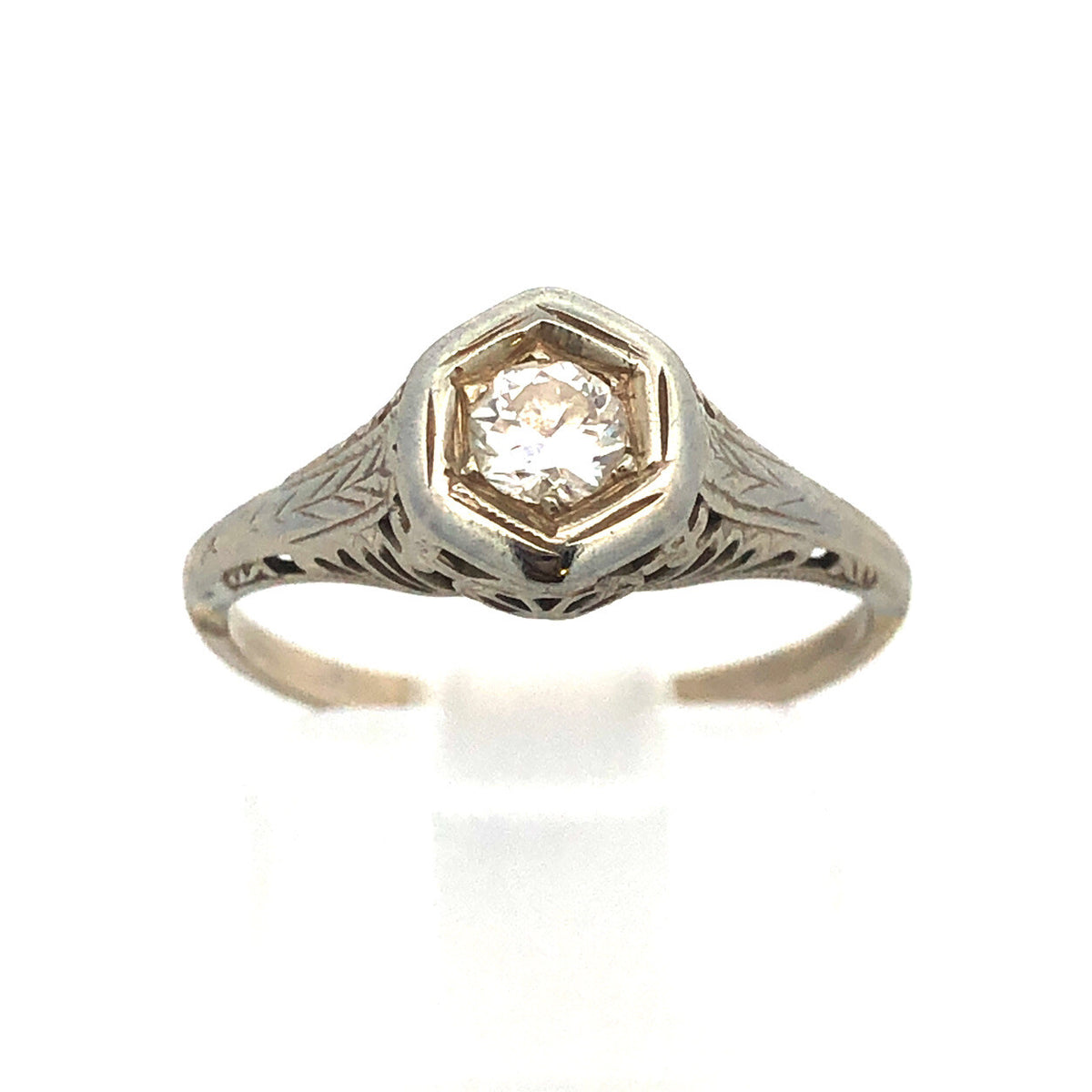 Art Nouveau Art Deco 14K White Gold Diamond Solitaire Filigree Engagement Ring